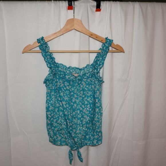 SO Cropped Top Light Blue Floral Size Tie Front otton Soft Ruffle Sleeves - Picture 6 of 11